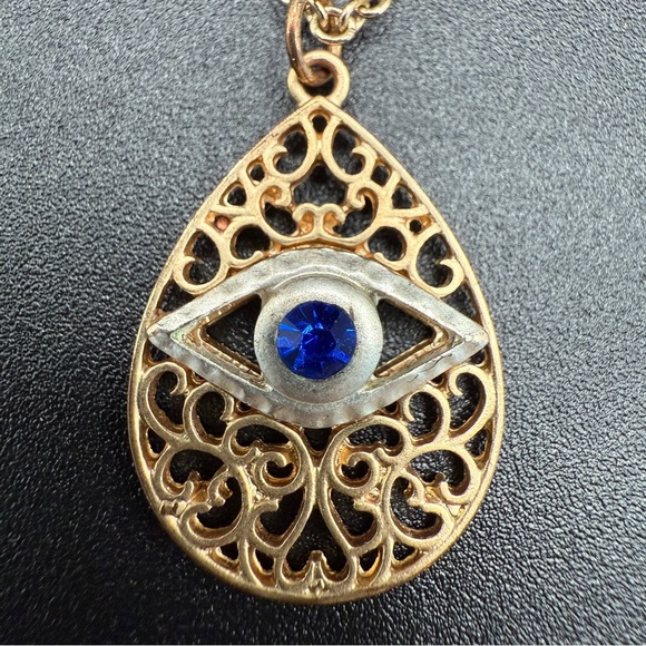 Evil Eye Two-Tone Gold and Silver Filigree Pendant Necklace - Picture 3 of 10